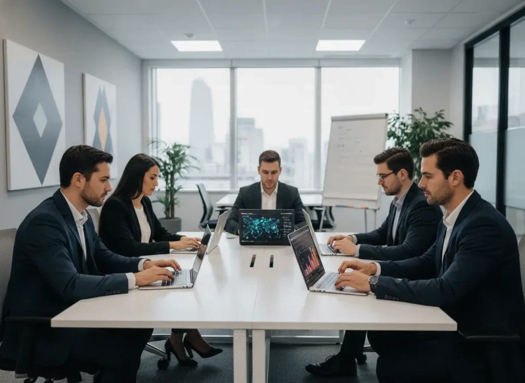Professional payments team in a modern office reviewing