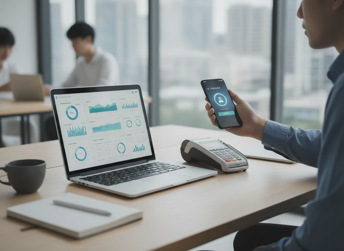 modern fintech payment processing workspace with laptop dashboard,