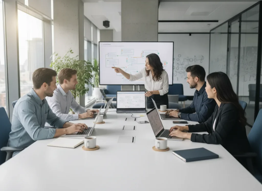 Professional real photo of a payments team reviewing
