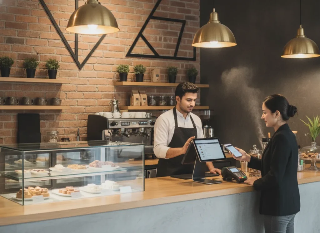 Modern retail checkout counter with digital payment acceptance
